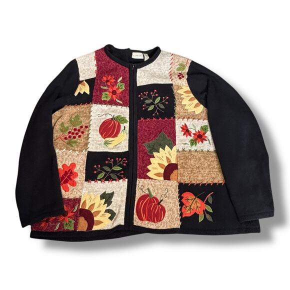 Vintage Y2K Brown Knit Harvest Pumpkin Sunflower Dark Floral Cardigan Sweater 3X - Picture 1 of 11